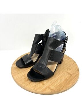 Women's Leather Earthie’s Black Open-Toe Chunky Heel Sandals with Back Buckle